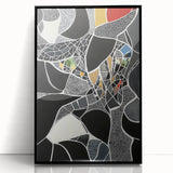 Abstract geometric art piece displayed in a black acrylic frame, showcasing bold shapes and vibrant colors, ideal for modern home decor and art enthusiasts.