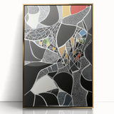 Abstract geometric framed acrylic artwork in gold tones, showcasing intricate patterns and sharp lines, perfect for modern home decor or office spaces.