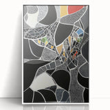 Abstract geometric design in a white-framed acrylic print, showcasing vibrant colors and intricate shapes, ideal for modern home decor or office spaces.