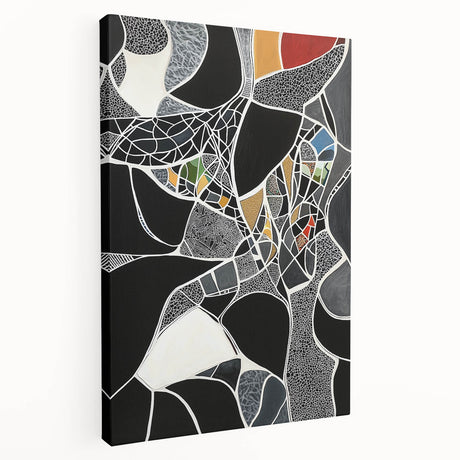Abstract geometric stretched canvas artwork showcasing vibrant blue and orange patterns, ideal for modern home decor. Side view highlights the canvas depth and professional finish.