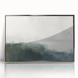 Framed abstract landscape wall art showcasing a serene silver and gray color palette, perfect for modern home decor, enhancing living spaces with elegance and tranquility.