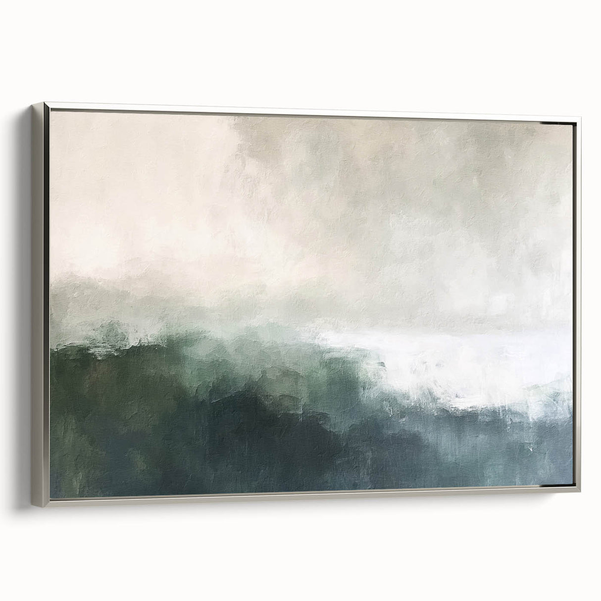 Framed abstract landscape wall art featuring a silver border, showcasing vibrant colors and dynamic shapes, perfect for modern home decor and artistic expression.