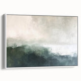 Framed canvas wall art showcasing an abstract landscape design in soft earth tones, featuring a white frame and side view, perfect for modern home decor.