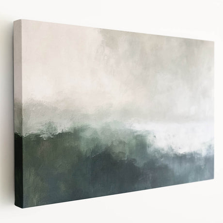 Abstract landscape wall art on stretched canvas showcasing vibrant blues and greens, ideal for modern home decor. Side view highlights its depth and texture.
