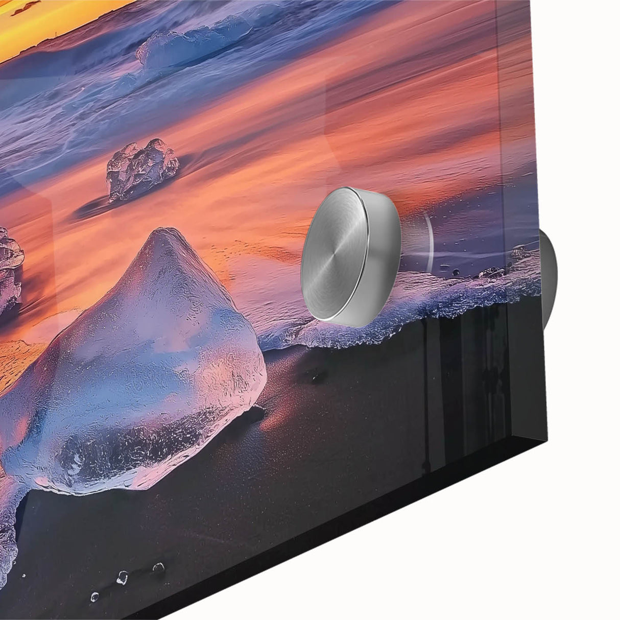 Close-up of a vibrant acrylic glass artwork depicting a serene beach landscape, showcasing soft pastel colors and intricate details, perfect for coastal home decor.