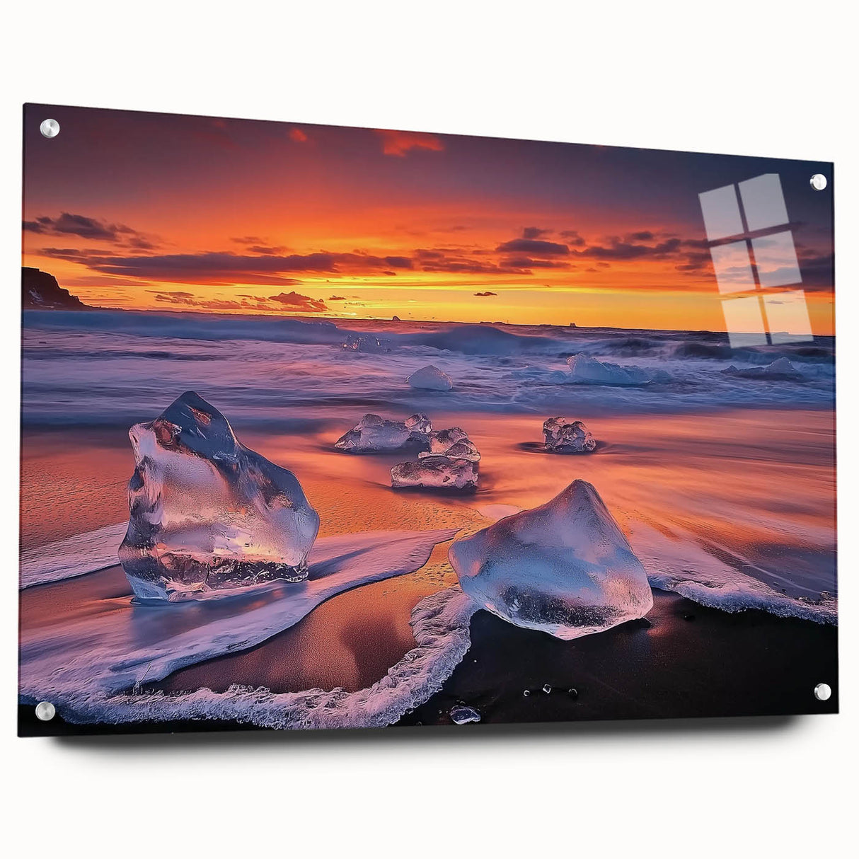 Acrylic landscape artwork depicting a serene beach scene, showcasing vibrant colors and intricate details, displayed in a side view with decorative pins.