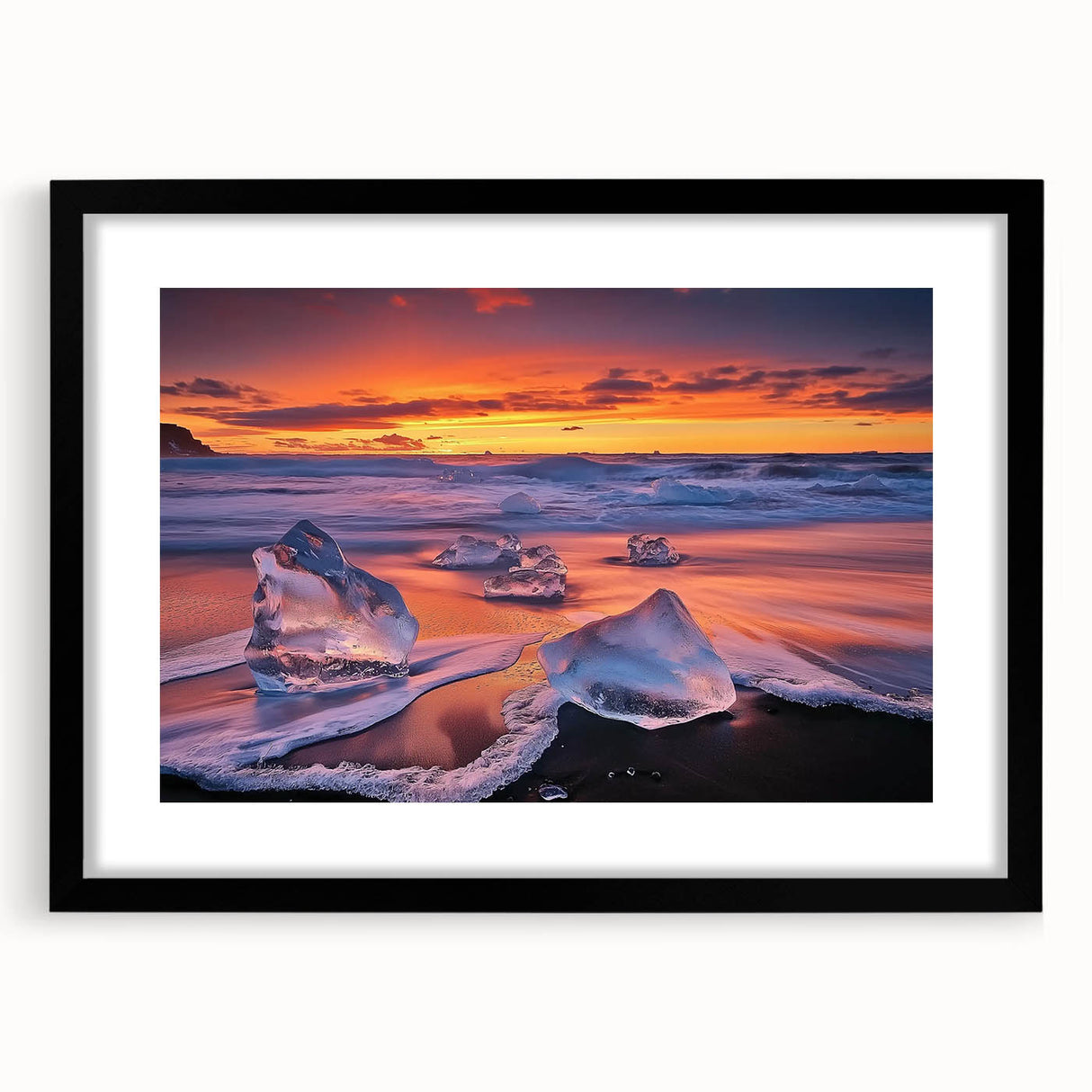 Framed landscape art print showcasing a serene beach scene with soft waves and sandy shores, surrounded by a black mat for an elegant presentation. Perfect for coastal décor enthusiasts seeking to enhance their living space with tranquil vibes.