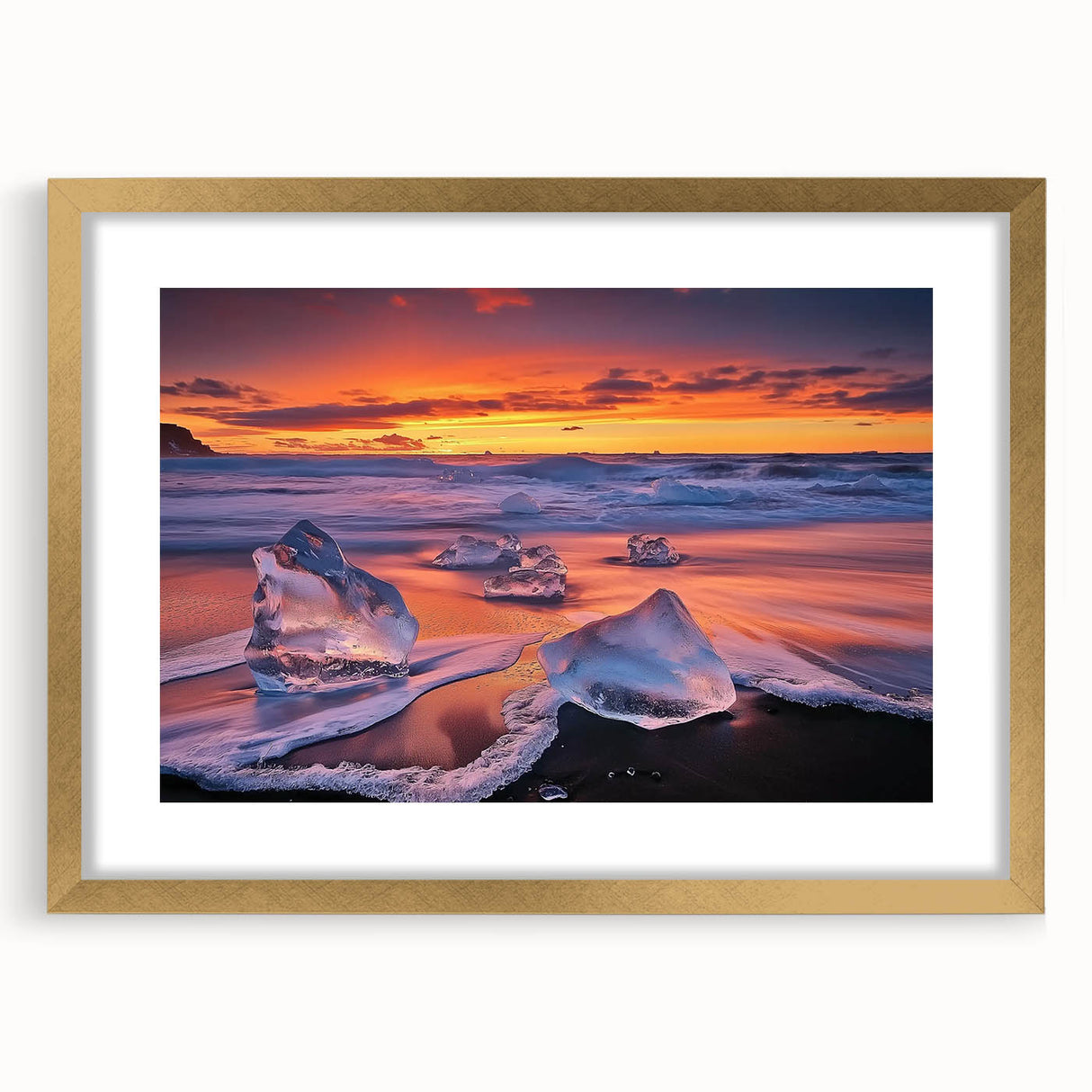 Elegant landscape beach scene framed with a gold mat, showcasing serene ocean waves and sandy shores, perfect for coastal home decor. Ideal for enhancing living spaces with a touch of tranquility.