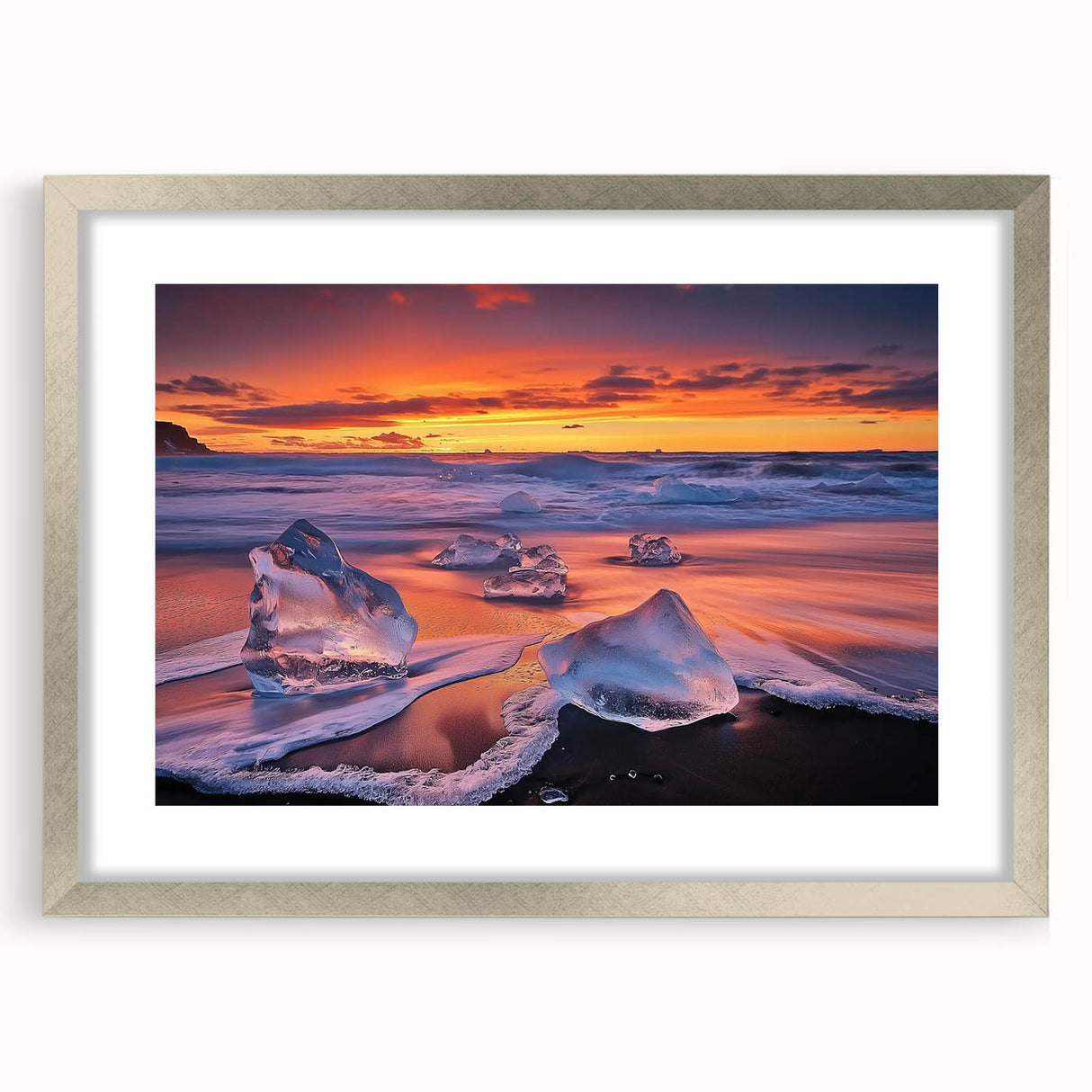 Framed landscape artwork depicting serene beaches, featuring a silver mat and elegant frame, perfect for coastal-themed home decor and interior design.