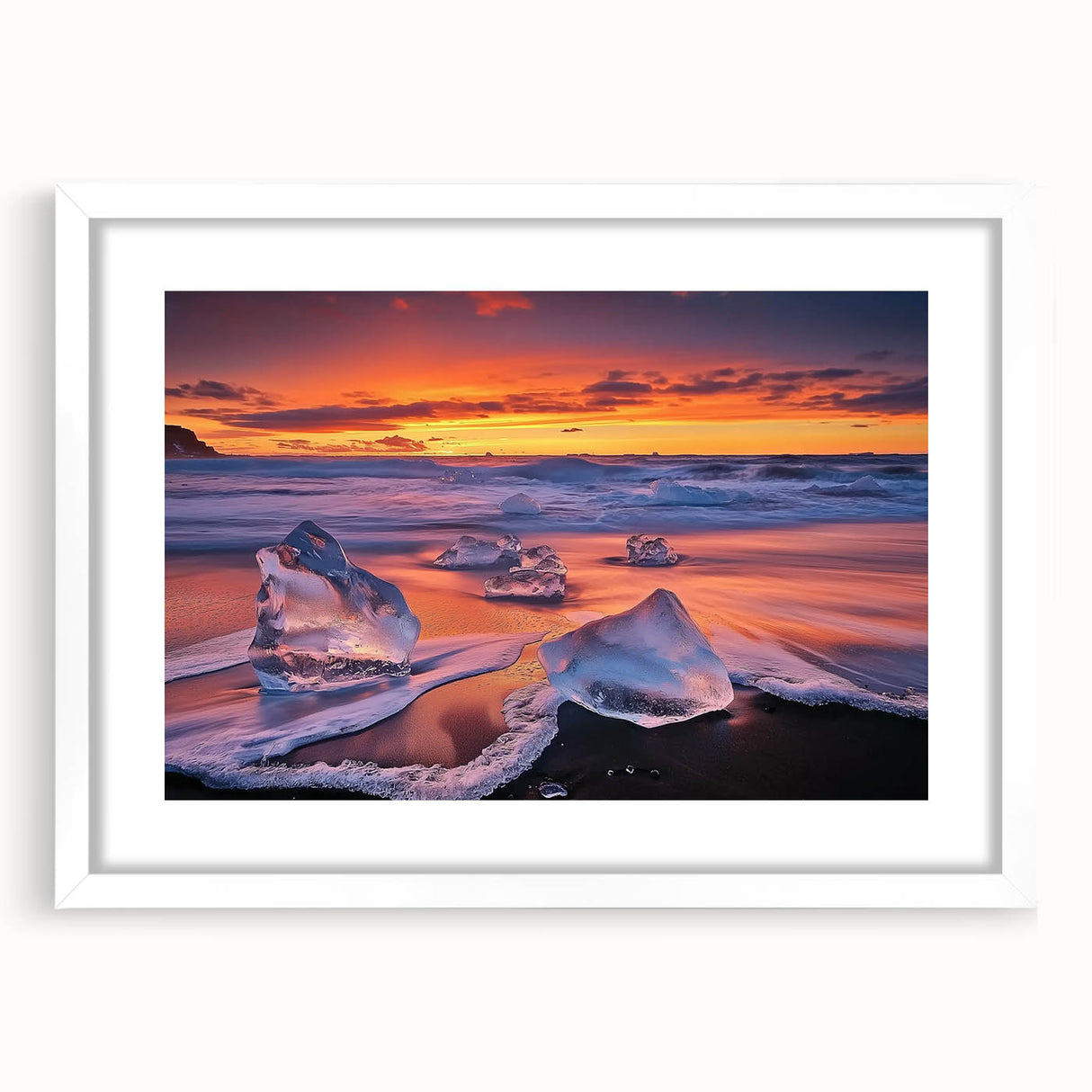 Elegant landscape artwork of serene beaches framed with a white mat, showcasing vibrant colors and tranquil scenery, perfect for home decor or beach-themed interiors.