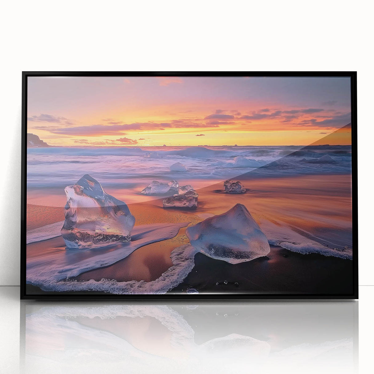 Framed acrylic artwork depicting a serene beach landscape with vibrant colors and a black frame, perfect for enhancing modern home decor and beach-themed interiors.
