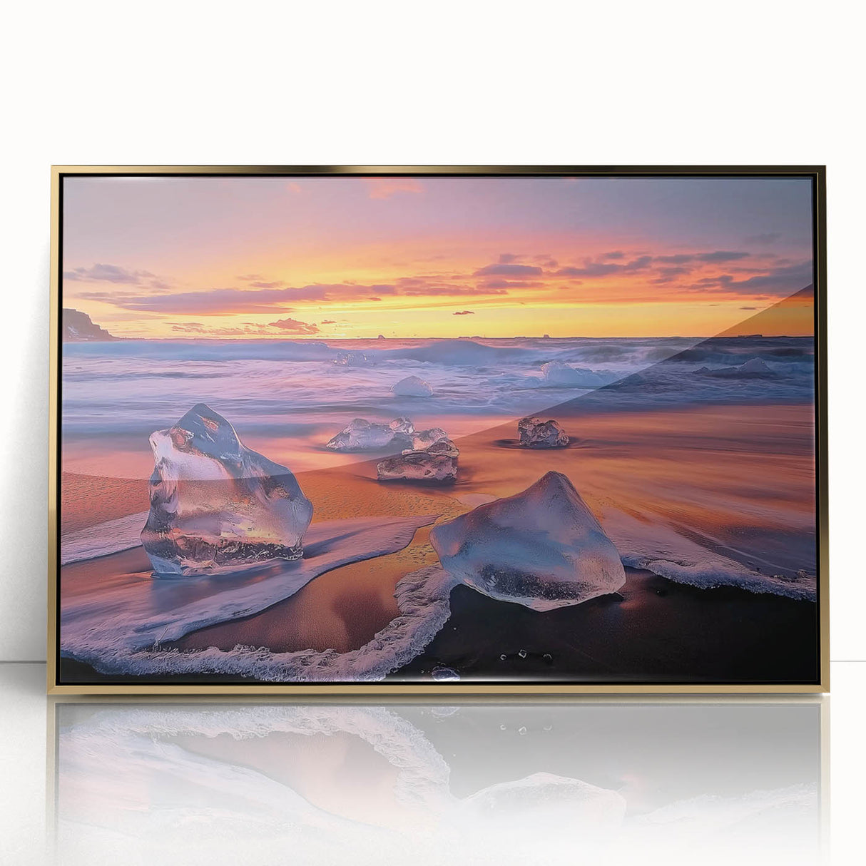 Framed acrylic artwork depicting a serene beach landscape with golden hues and gentle waves, perfect for coastal-themed decor. Ideal for brightening living spaces.