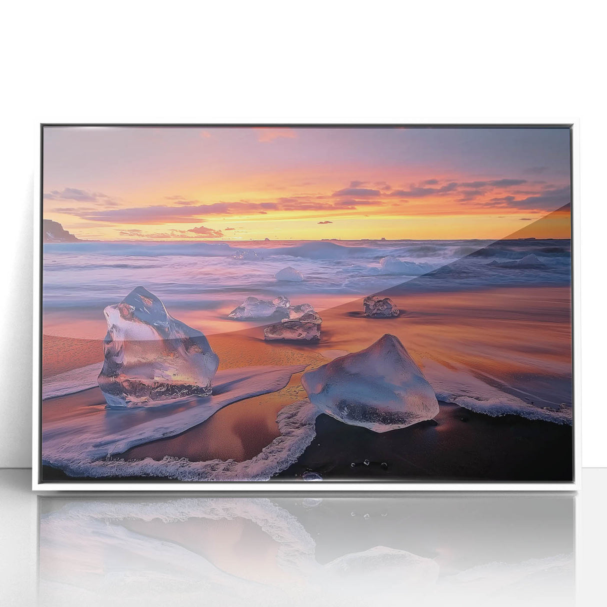 Framed acrylic art piece showcasing a serene beach landscape with vibrant blue skies and soft sandy shores, accentuated by a sleek white frame, perfect for coastal decor.