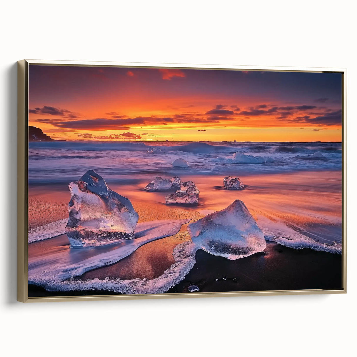 Framed canvas artwork showcasing a serene beach landscape with vibrant colors, set within a stylish gold frame, perfect for enhancing home decor.
