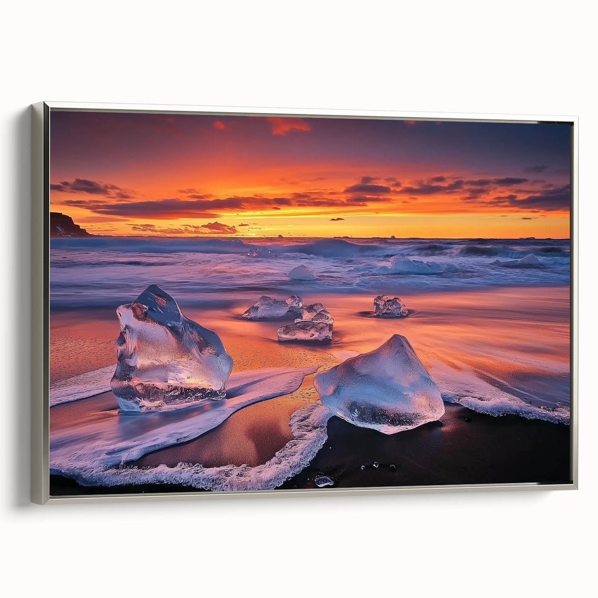 Framed canvas artwork depicting a serene beach landscape, featuring soft pastel colors and a silver frame, ideal for enhancing home decor. The artwork captures gentle waves and a tranquil sky, creating a peaceful atmosphere suitable for living spaces or offices.