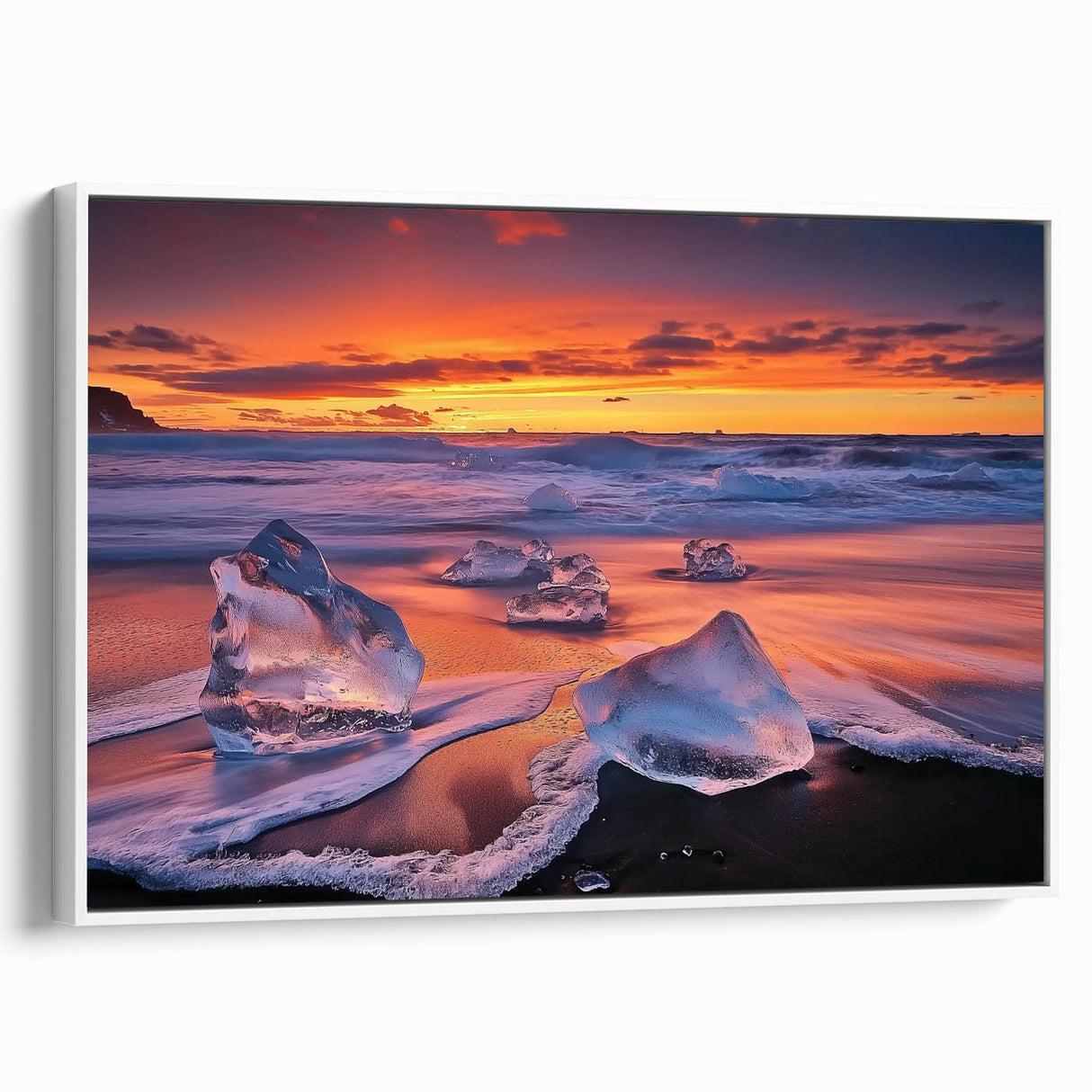 Framed canvas artwork depicting a serene beach landscape in soft pastel colors, showcased from a white side view, perfect for home decor and beach-themed interiors.