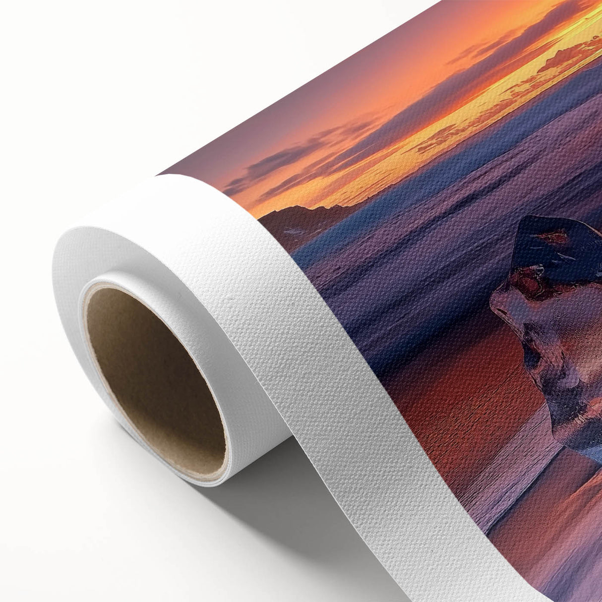 Rolled canvas artwork depicting a serene beach landscape with vibrant colors, showcasing gentle waves and a clear sky, packaged securely in a cardboard tube for safe shipping.