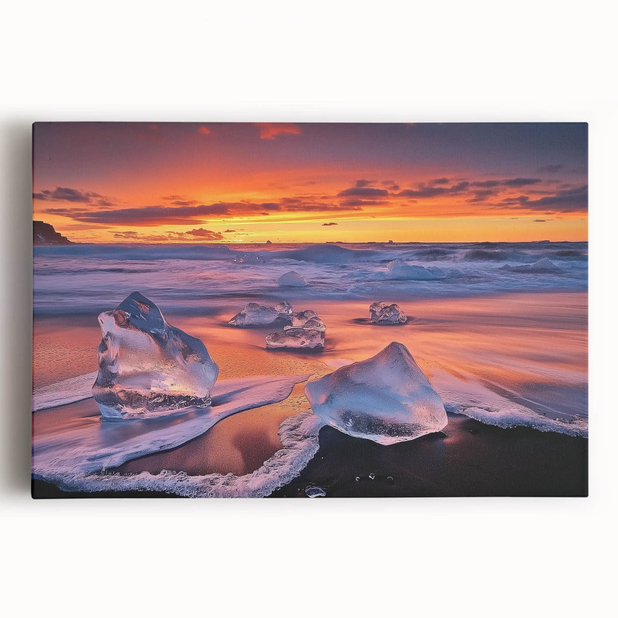 Stretched canvas artwork showcasing a vibrant beach landscape with soft waves and a colorful sunset, perfect for coastal home decor and beach-themed interiors.