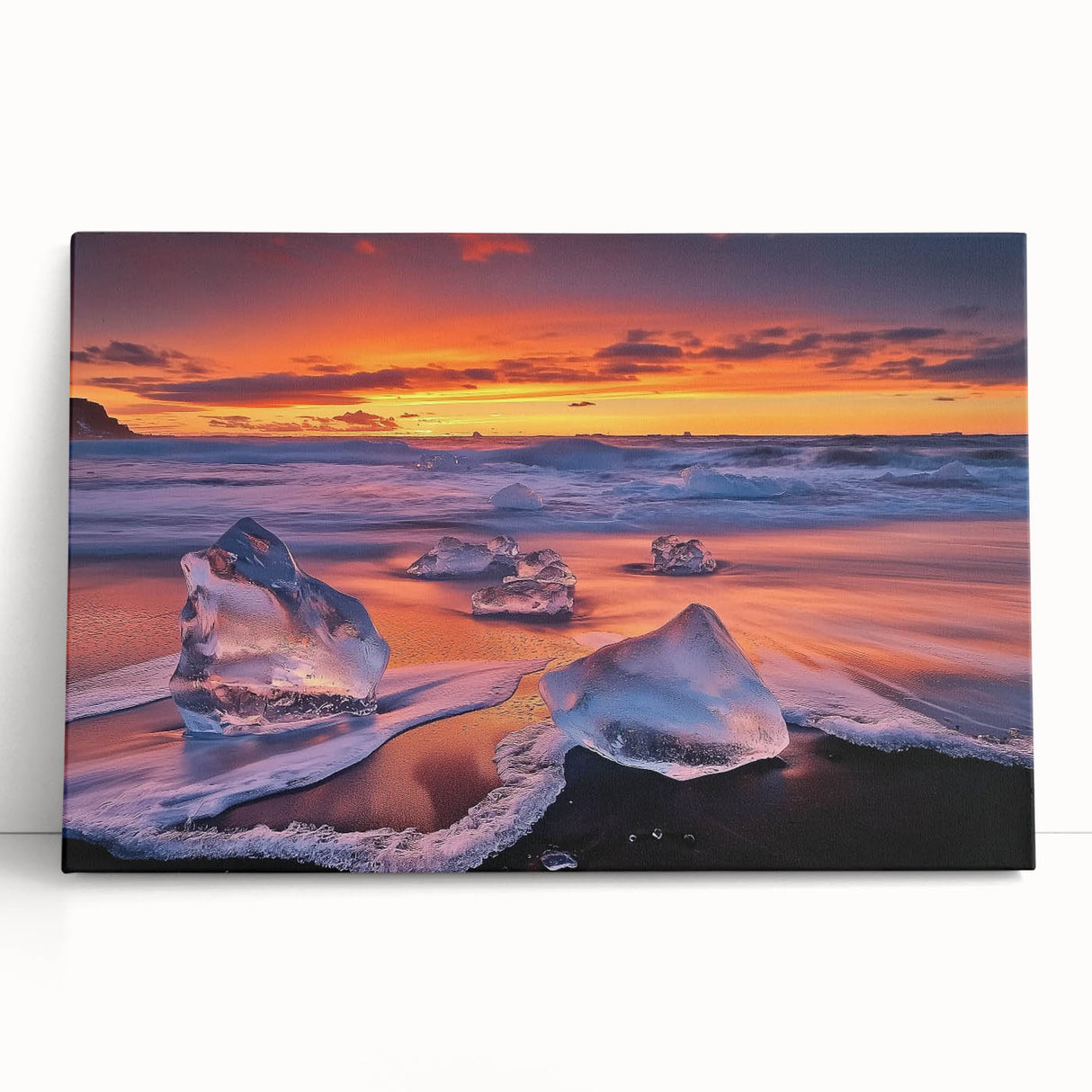 Stretched canvas artwork depicting a serene beach landscape, featuring soft pastel colors and gentle waves, perfect for coastal home decor and relaxation.