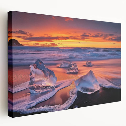 Stretched canvas artwork depicting a serene beach landscape with vibrant colors, showcasing gentle waves and golden sands, perfect for coastal home decor.