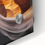 Vibrant close-up of a landscape acrylic glass artwork depicting serene canyons, showcasing rich colors and intricate details, ideal for modern home decor.