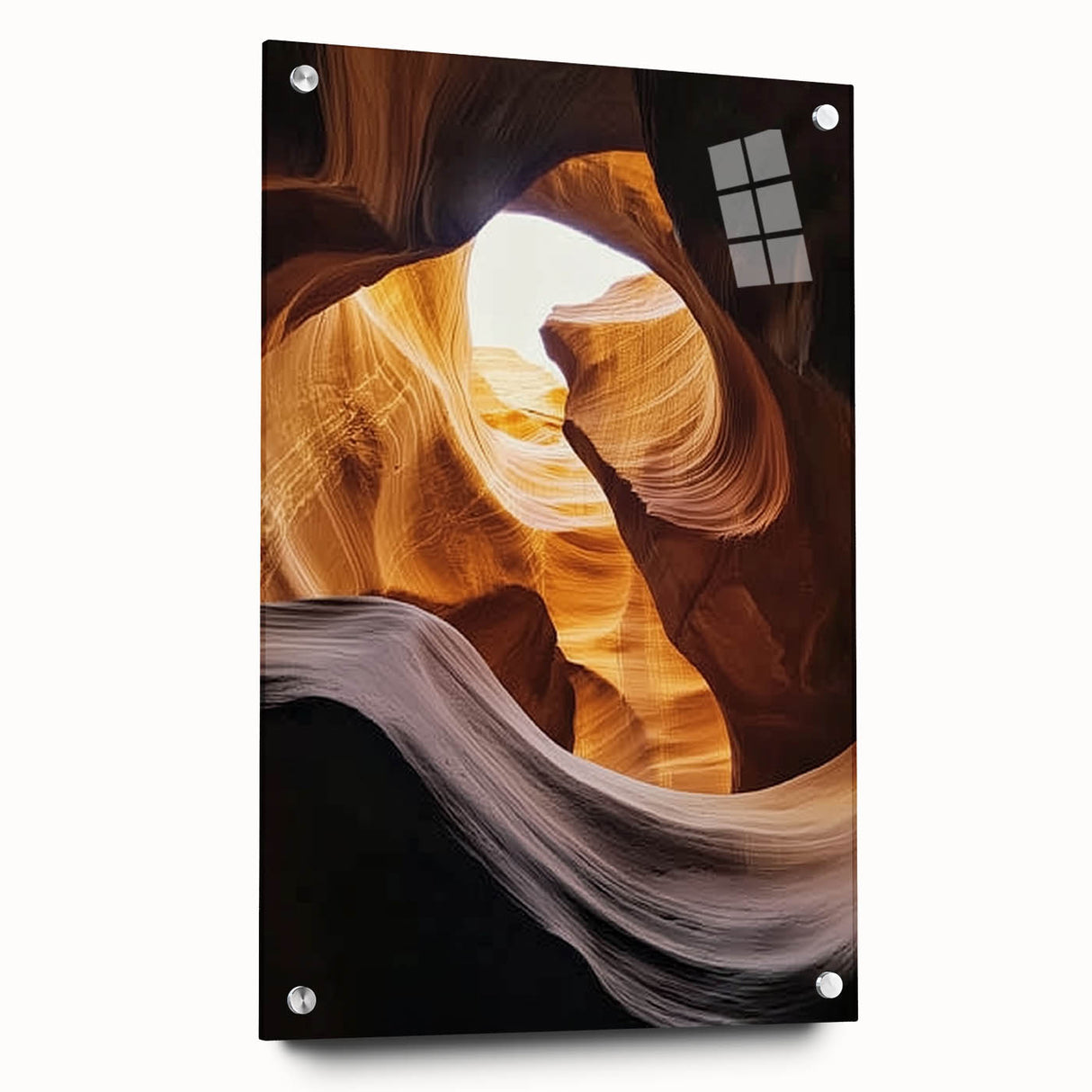 Acrylic glass print showcasing a stunning landscape of canyons, featuring rich earth tones and intricate detailing, elegantly displayed with decorative pins for a modern aesthetic.