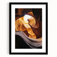 Landscape art print featuring a dramatic canyon scene framed in a sleek black mat, showcasing vibrant colors and intricate details, perfect for home decor enhancement.