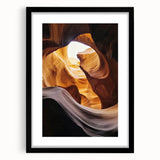 Landscape art print featuring a dramatic canyon scene framed in a sleek black mat, showcasing vibrant colors and intricate details, perfect for home decor enhancement.