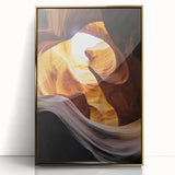 Framed acrylic artwork depicting a stunning landscape of canyons with rich gold accents, perfect for enhancing modern home decor and creating a warm ambiance.