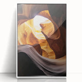 Framed acrylic landscape artwork showcasing vibrant canyons in rich earth tones, set against a sleek white frame, perfect for modern home decor.