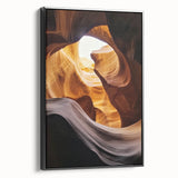 Framed canvas artwork showcasing a stunning landscape of canyons with rich earthy tones, featuring a sleek black frame, perfect for modern home decor.