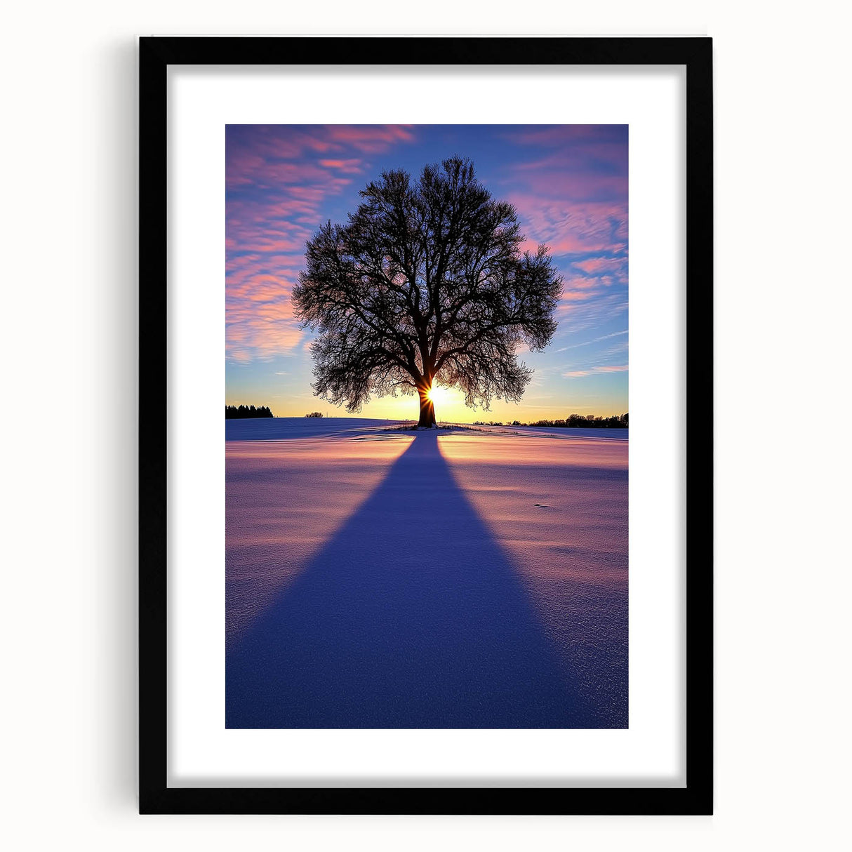 Black-framed landscape art print showcasing a serene countryside scene with vibrant greenery and rolling hills, accented by a white mat, ideal for home decor.