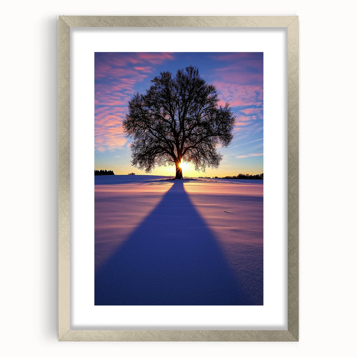 Silver-framed landscape artwork showcasing a serene countryside scene, complete with a white mat for an elegant presentation, ideal for home decor.