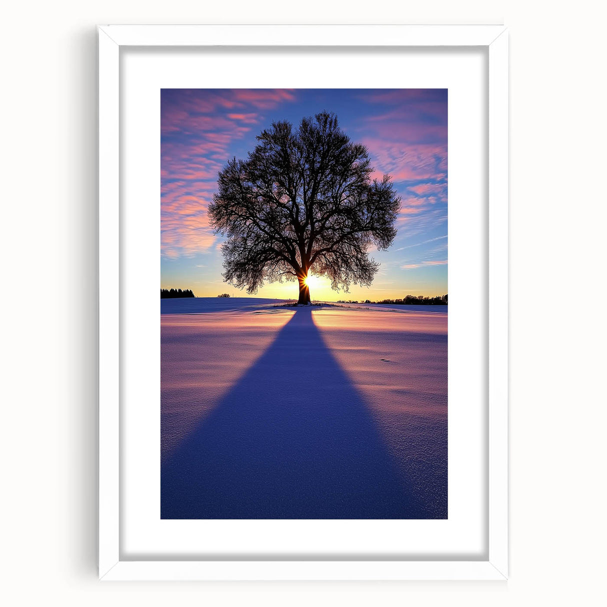 Countryside landscape framed artwork with a white mat and elegant frame, showcasing serene fields and vibrant skies, ideal for home decor or office settings.