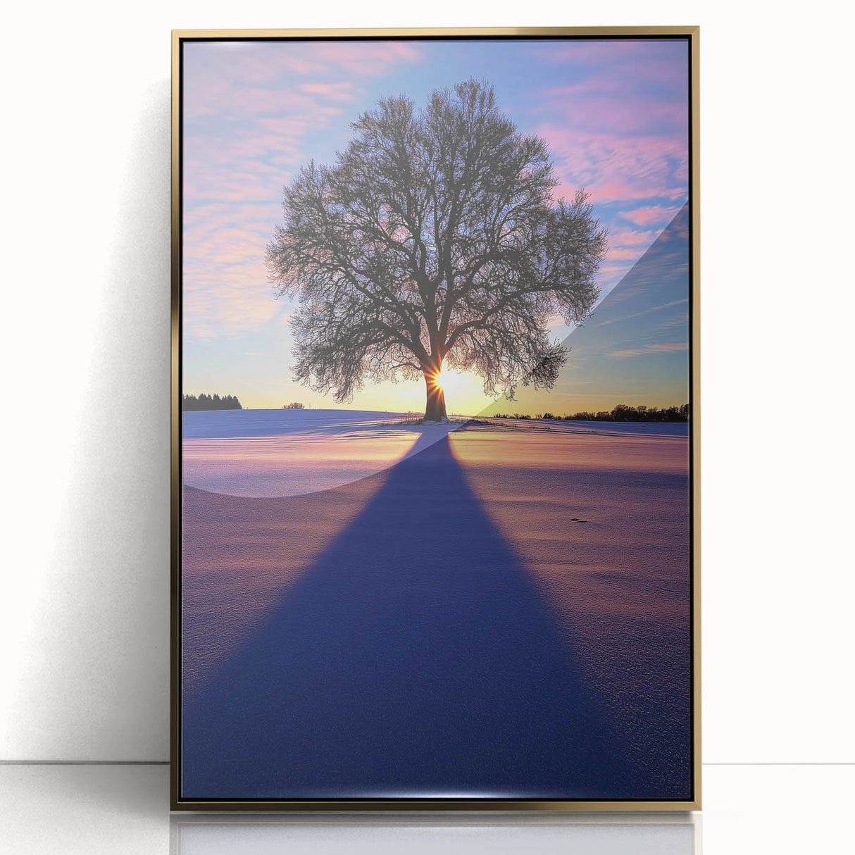 Framed acrylic artwork showcasing a vibrant countryside landscape with lush green fields and a golden frame, ideal for home decor or art collectors.