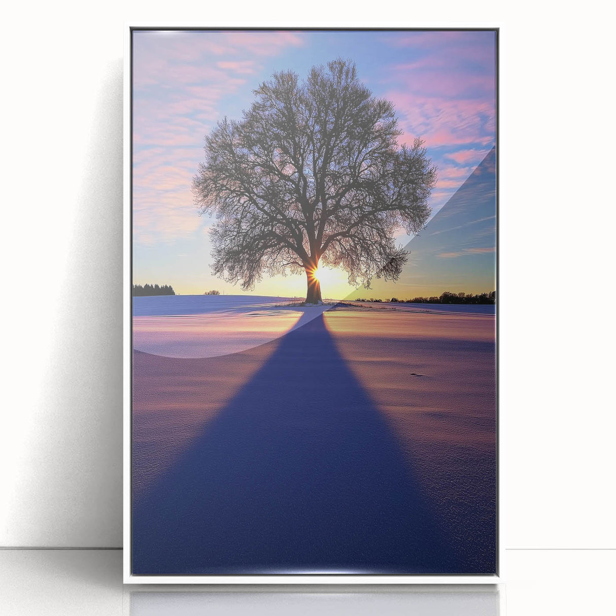 Framed acrylic artwork depicting a serene countryside landscape, featuring lush green fields and a bright blue sky, presented in a sleek white frame. Ideal for enhancing home decor.