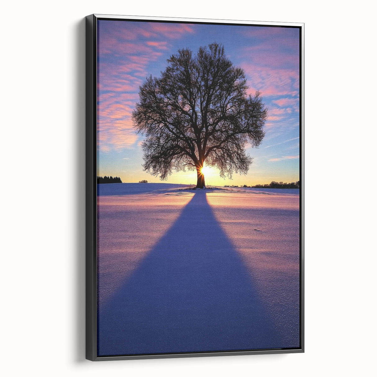 Framed canvas artwork depicting a serene countryside landscape with rolling hills and lush greenery, presented in a sleek black frame, ideal for home decor.
