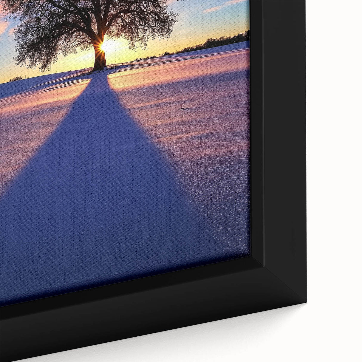 Close-up of a vibrant framed canvas showcasing a serene countryside landscape, featuring lush green fields, rolling hills, and a clear blue sky, perfect for home decor.