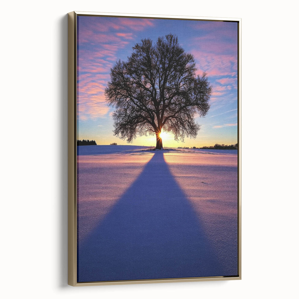 Framed canvas print of a serene countryside landscape, showcasing rolling hills and lush greenery, with a stylish gold frame that enhances its elegance.