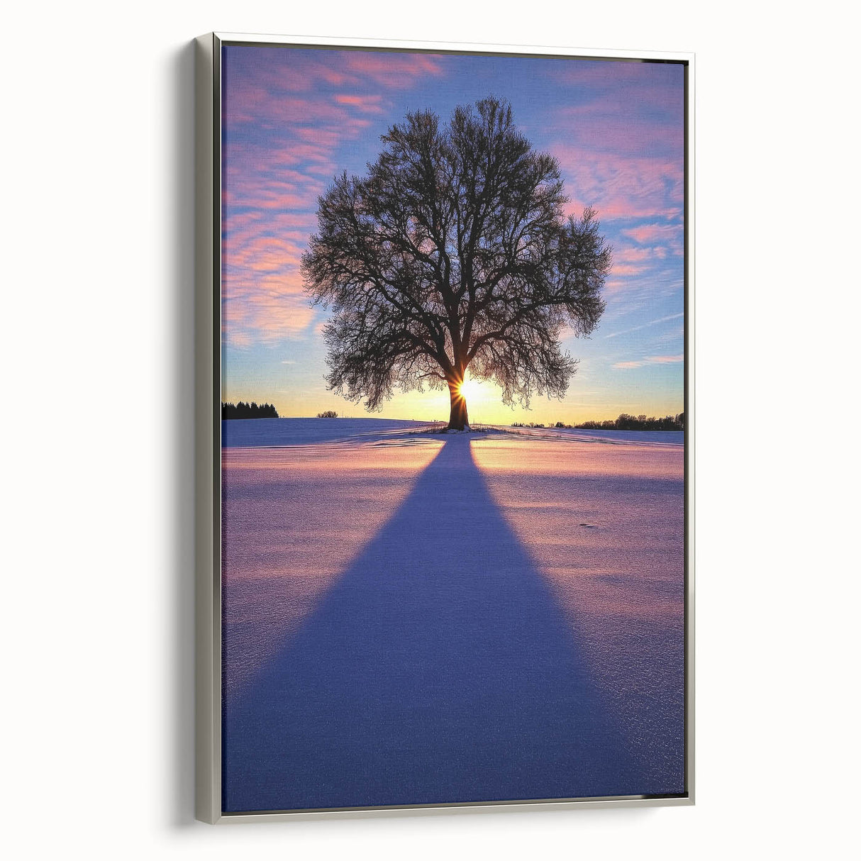 Framed canvas print depicting a serene countryside landscape with vibrant green fields and a clear blue sky, showcasing intricate details and a stylish silver frame.