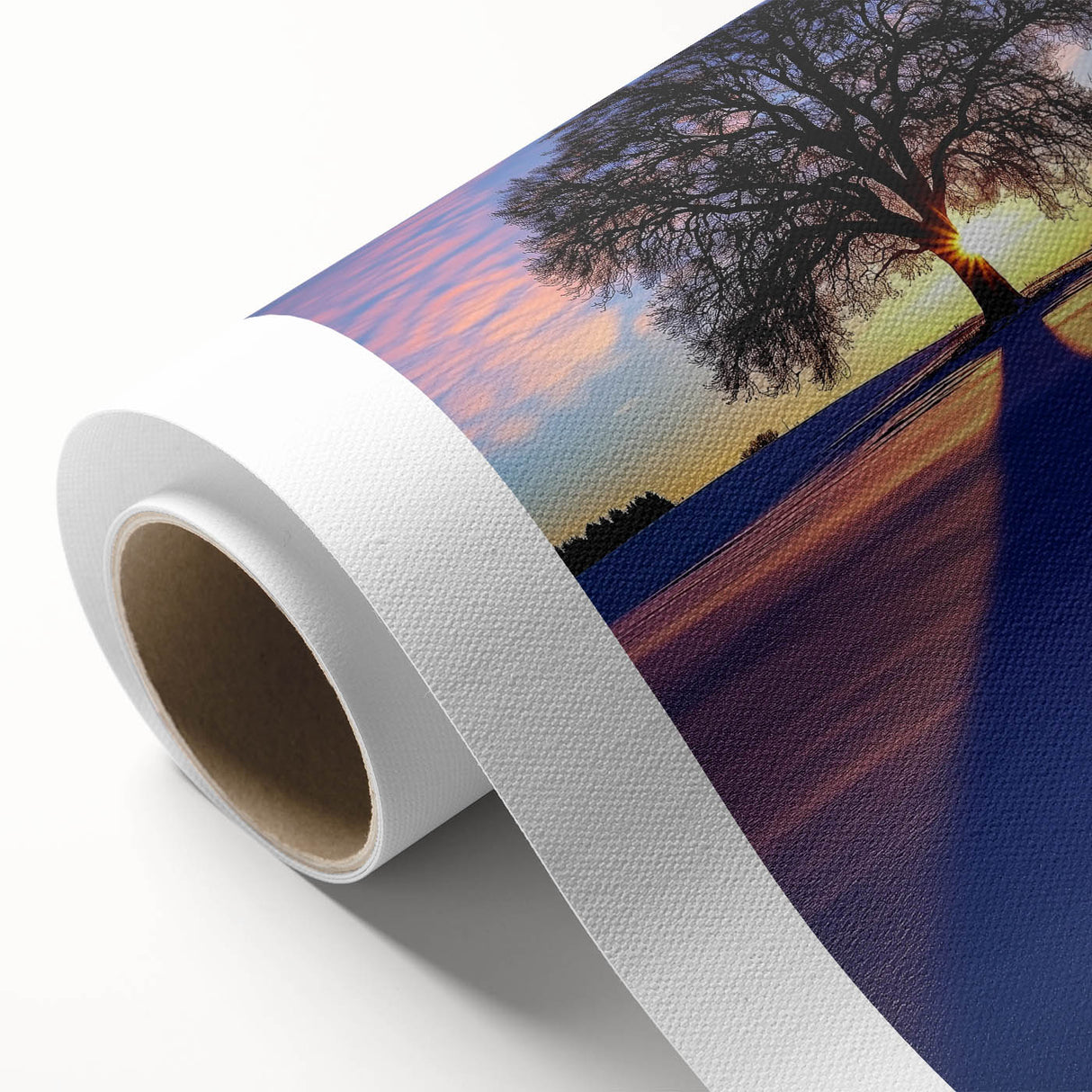 Landscape scene printed on rolled canvas, showcasing serene countryside with vibrant greenery and a clear blue sky, perfect for home decor.