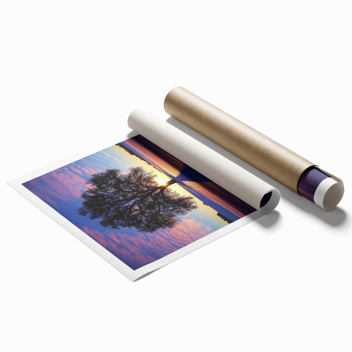 Rolled print showcasing a vibrant countryside landscape with rolling hills and a clear blue sky, elegantly packaged in a protective cardboard tube for safe shipping.