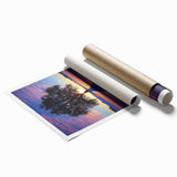 Rolled print showcasing a vibrant countryside landscape with rolling hills and a clear blue sky, elegantly packaged in a protective cardboard tube for safe shipping.