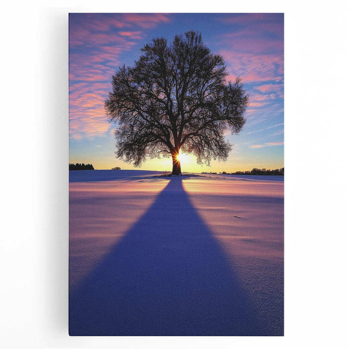Vibrant stretched canvas artwork depicting a serene countryside landscape with lush green fields, mountains in the background, and a bright blue sky, perfect for home decor.