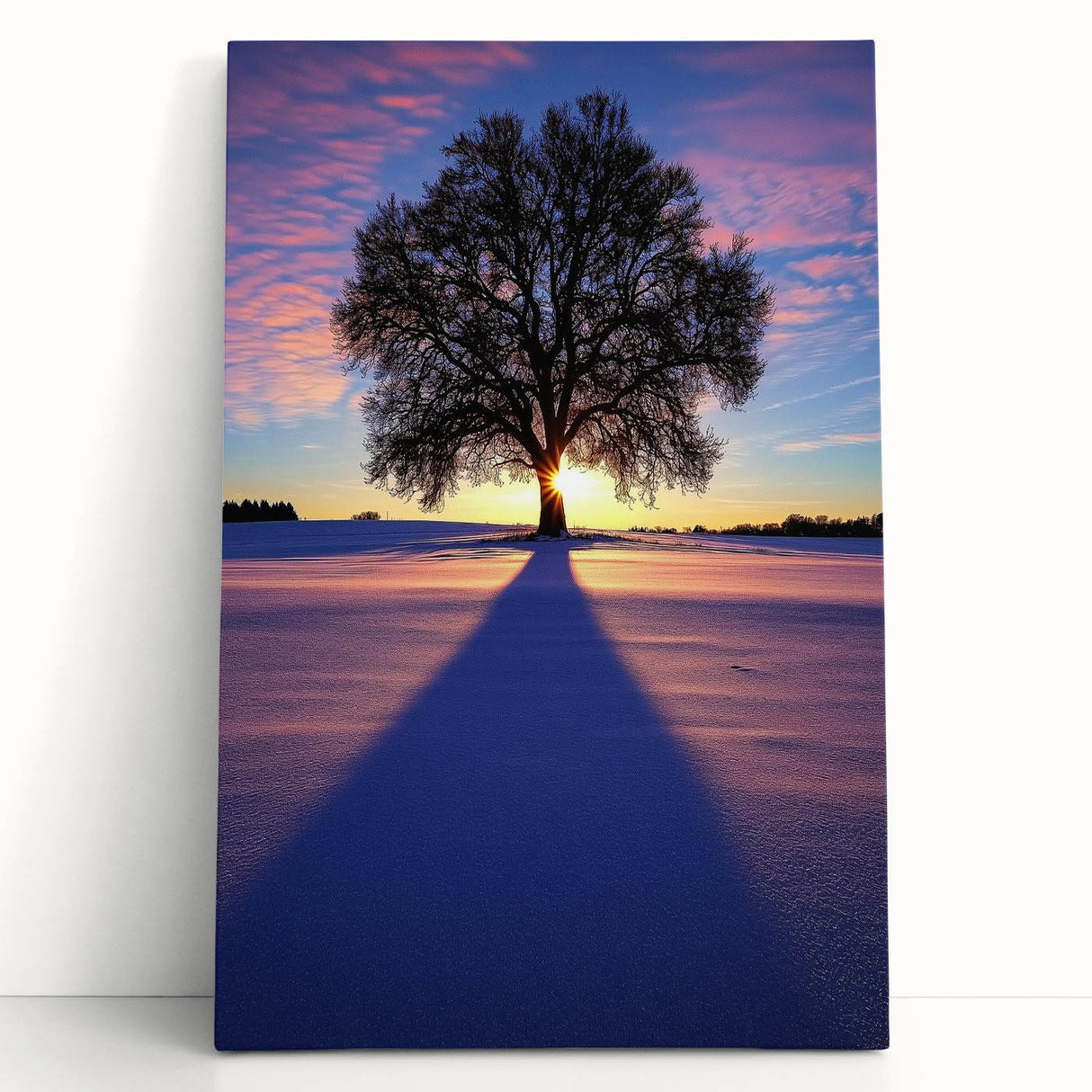 Stretched canvas artwork showcasing a vibrant countryside landscape with rolling hills and lush greenery, leaning against a rustic wooden wall, perfect for home decor.
