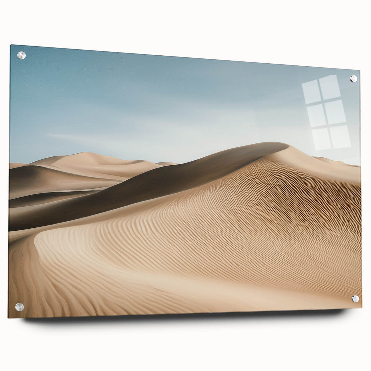 Acrylic landscape artwork depicting a vibrant desert scene, showcasing warm earth tones and intricate details, presented from a side view with pin accents for an elevated display.