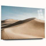 Desert landscape acrylic artwork displayed in a sleek glass frame, showcasing vibrant colors and intricate details, perfect for modern home decor.