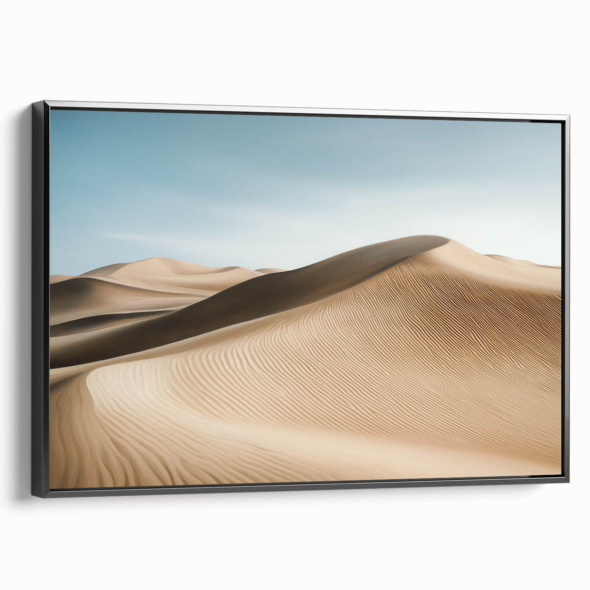 Framed canvas artwork depicting a vibrant desert landscape with warm hues of orange and yellow, featuring a sleek black frame for a modern touch, ideal for home decor.