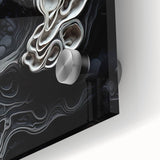 Large abstract wall art on acrylic glass featuring mid-century modernist design in earthy tones, ideal for dining room decor.