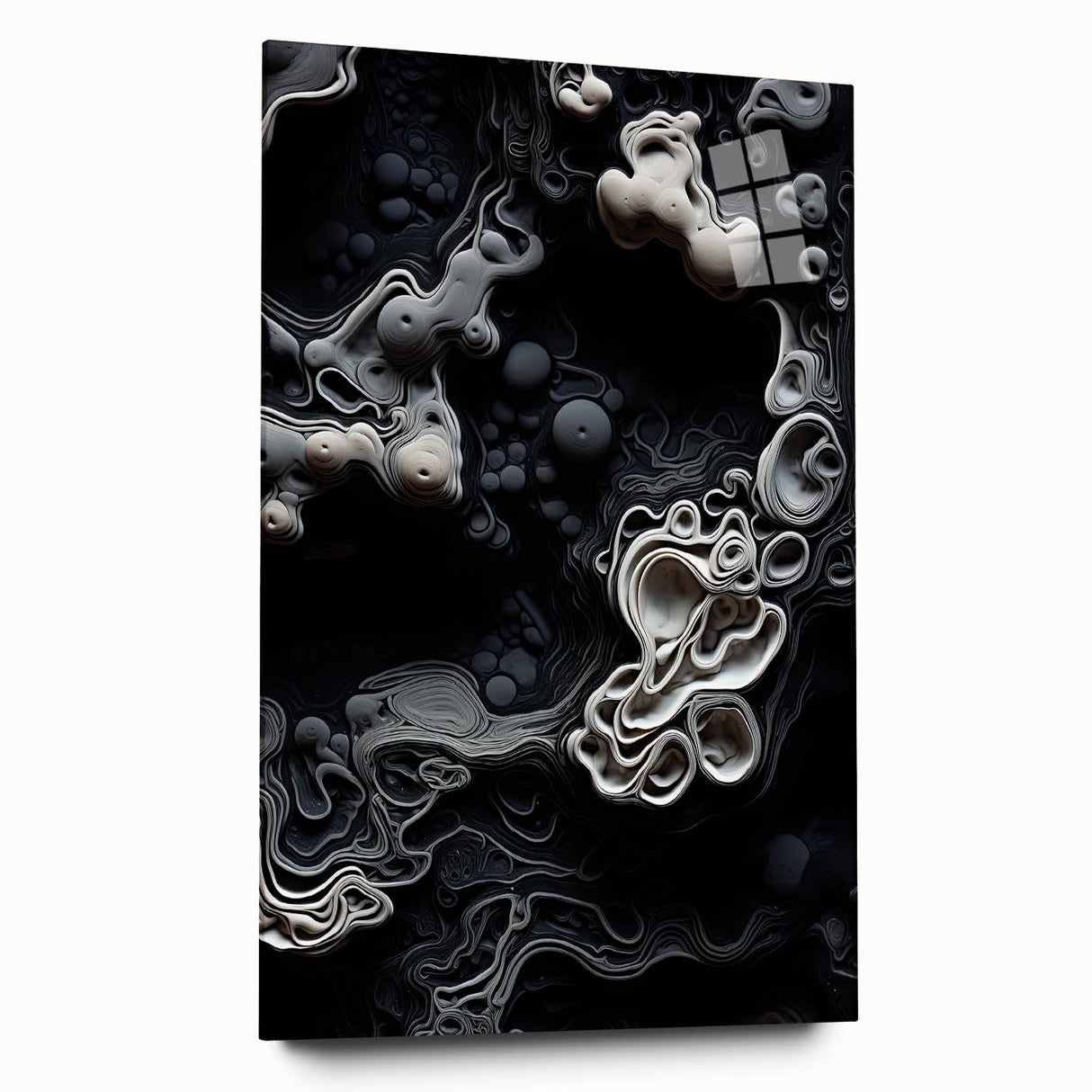 Large abstract wall art on acrylic glass featuring swirling blue and gray tones, ideal for bedroom or dining room decor.